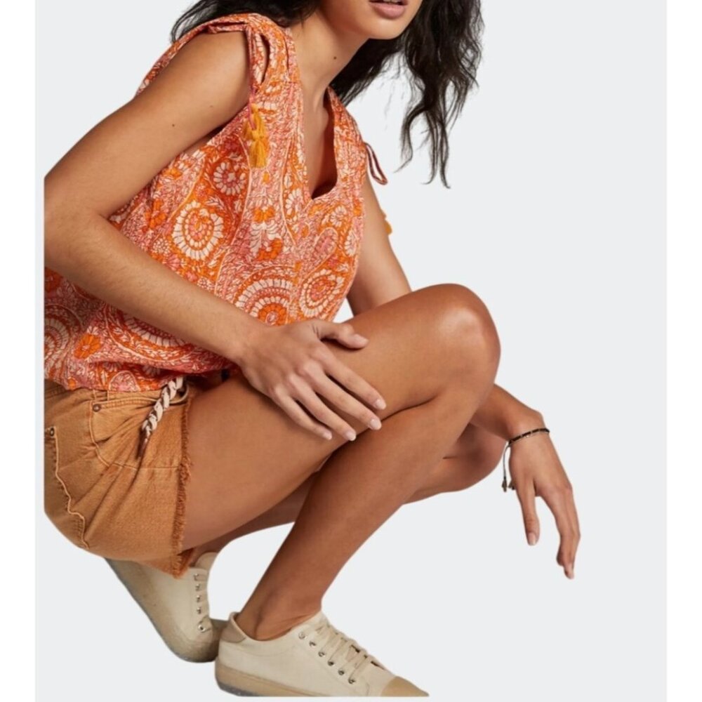 Anthropologie Terra Shirred Blouse Orange Paisley Print Sleeveless Small